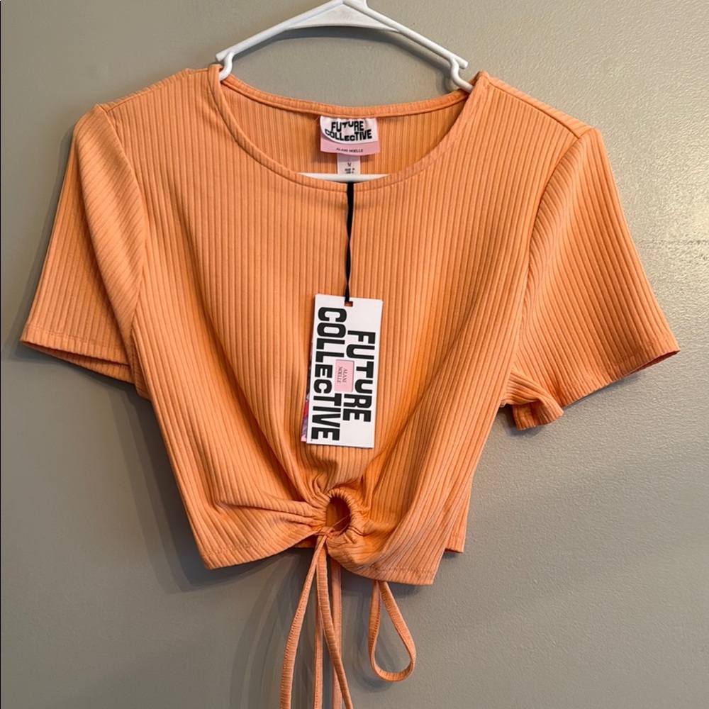 Orange Ribbed Tie-Front Top